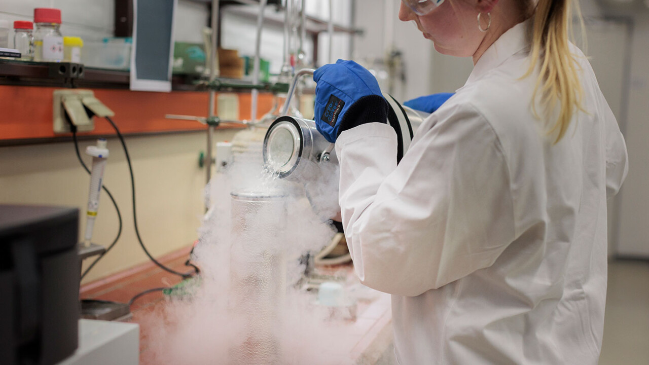 Eine Labor-Mitarbeiterin in Kittel, Schutzbrille und Kälteschutzhandschuhen arbeitet am Labortisch mit einer stark dampfenden, kryogenen Probe (z. B. flüssiger Stickstoff). Das Bild steht für Probenhandling und Probenvorbereitung in der Lebensmittelanalytik, etwa zur Qualitätsprüfung, Authentizitäts- und Kontaminationsanalytik.