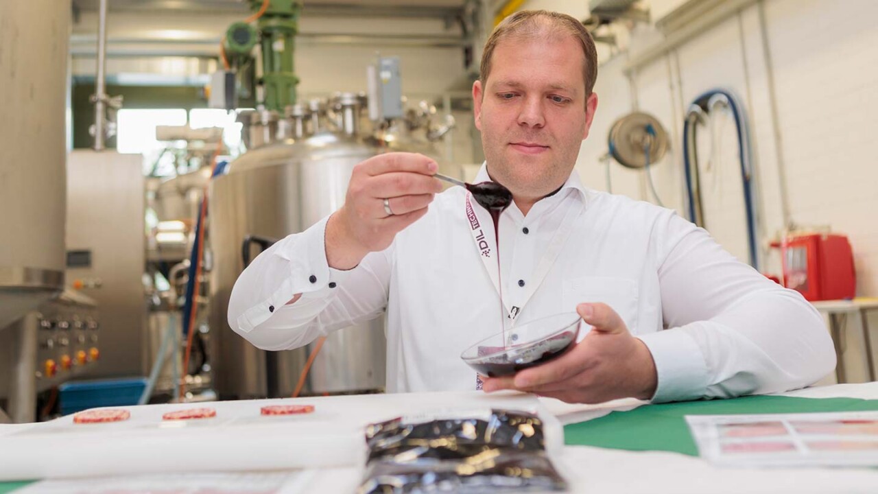 Ein Mitarbeiter trägt in einer Pilotanlage eine dunkelrote Emulsion mit einem Löffel auf Lebensmittelproben auf. Im Vordergrund liegen vorbereitete Muster auf einem Tisch, im Hintergrund sind Edelstahltanks und Anlagentechnik einer verfahrenstechnischen Umgebung zu sehen.