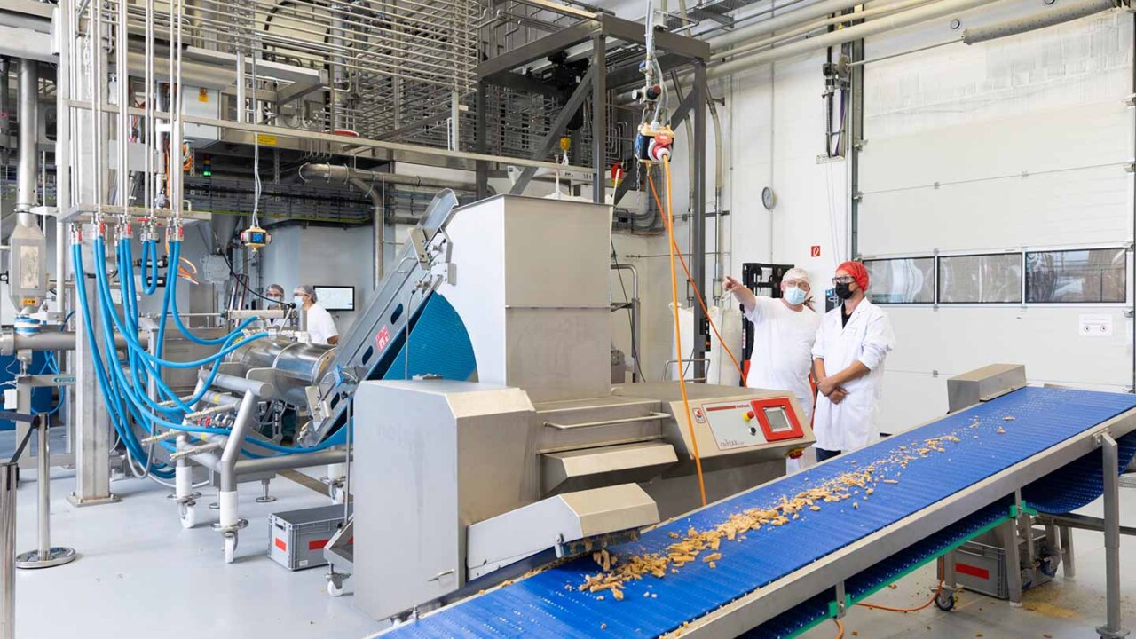 In einer industriellen Produktionshalle läuft eine Extrusionsanlage mit Förderband und Prozessperipherie. Zwei Mitarbeitende in Schutzkleidung überwachen den Betrieb und besprechen den Prozess an der Pilotanlage zur Lebensmittelextrusion.