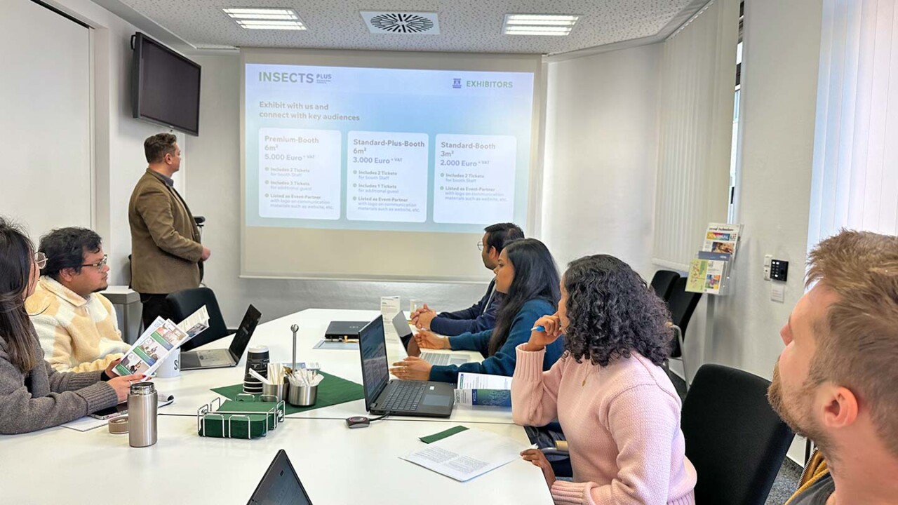 Meetingraum mit Teilnehmenden an einem Konferenztisch: Eine Person präsentiert Inhalte per Beamer, während das Team mit Laptops und Unterlagen die Präsentation verfolgt. Das Bild steht für Workshop-Formate, Wissenstransfer, Projektarbeit und datenbasierte Zusammenarbeit – z. B. in den Bereichen Food Data, Digitalisierung und Nachhaltigkeit in der Lebensmittelbranche.