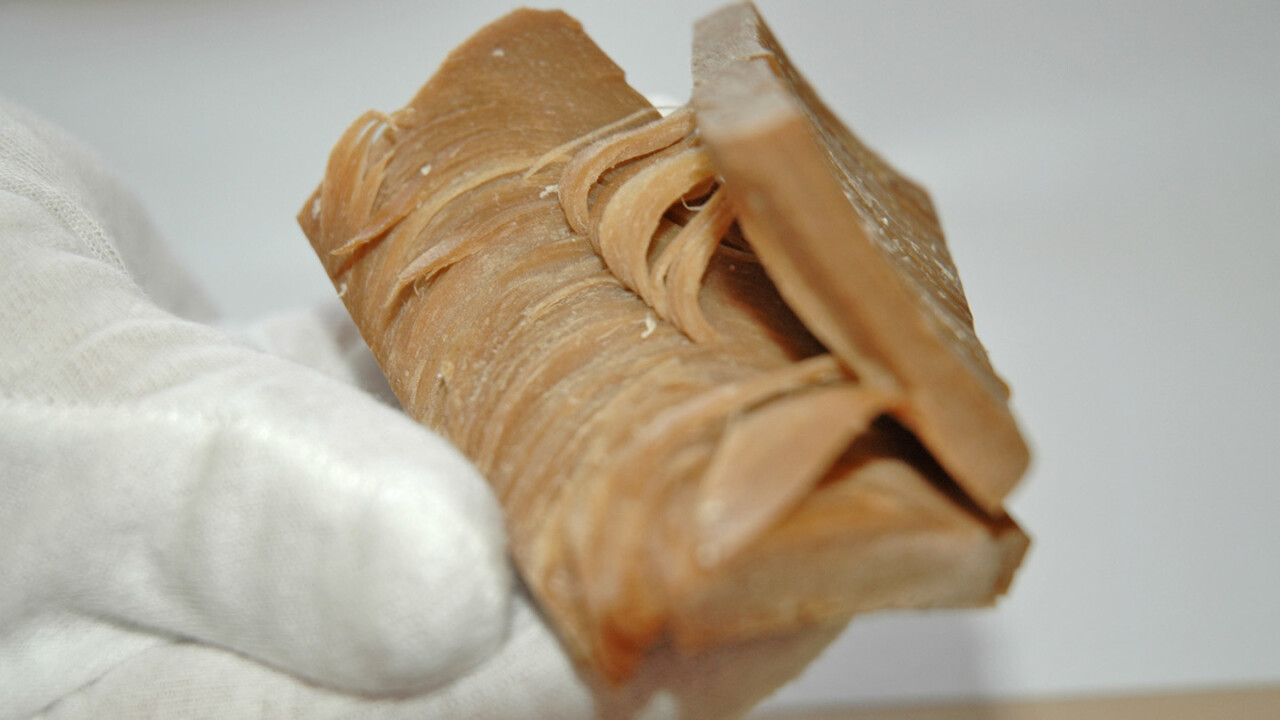 Makroaufnahme eines aufgebrochenen, beige-braunen Lebensmittelstücks mit deutlich sichtbarer, lamellen- bzw. faserartiger Schichtstruktur. Das Produkt wird in einem Handschuh gehalten, um die Struktur im Detail zu zeigen. Das Bild steht für Struktur- und Texturanalyse, Produktentwicklung und Qualitätsbewertung in der Lebensmittel- und Verfahrenstechnik – insbesondere zur Untersuchung von Konsistenz, Faserigkeit und Verarbeitungseinflüssen.