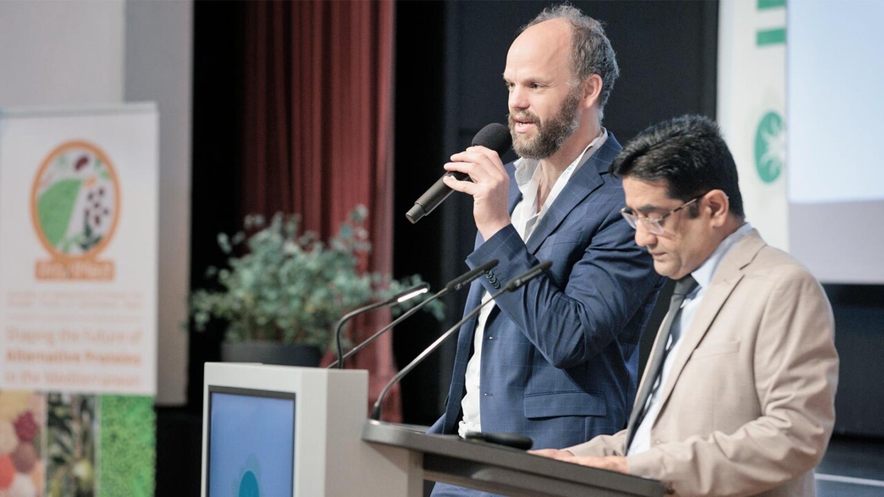 Zwei Referenten stehen am Rednerpult auf einer Konferenzbühne beim Insects Plus Kongress. Einer der Sprecher hält ein Mikrofon und adressiert das Publikum, während der zweite Referent Notizen am Pult liest. Im Hintergrund sind Veranstaltungsgrafiken und ein Banner sichtbar. Das Bild vermittelt eine professionelle Vortragssituation und den fachlichen Austausch zu Innovationen, Märkten und Technologien rund um die Insektenproduktion.